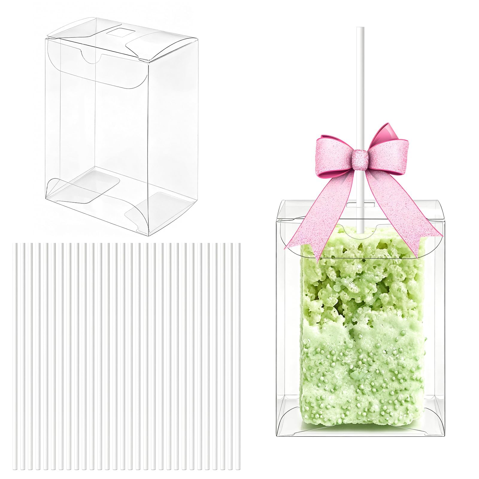 CZWESTC 45 Count Rice Krispie Treat Boxes with Paper Sticks, 3.5x2.4x1.38 Clear Cakesicle Boxes, Transparent Dessert Packaging for Candy, Macaron, Chocolate, Wedding Favor, Party, Small Business — image 1