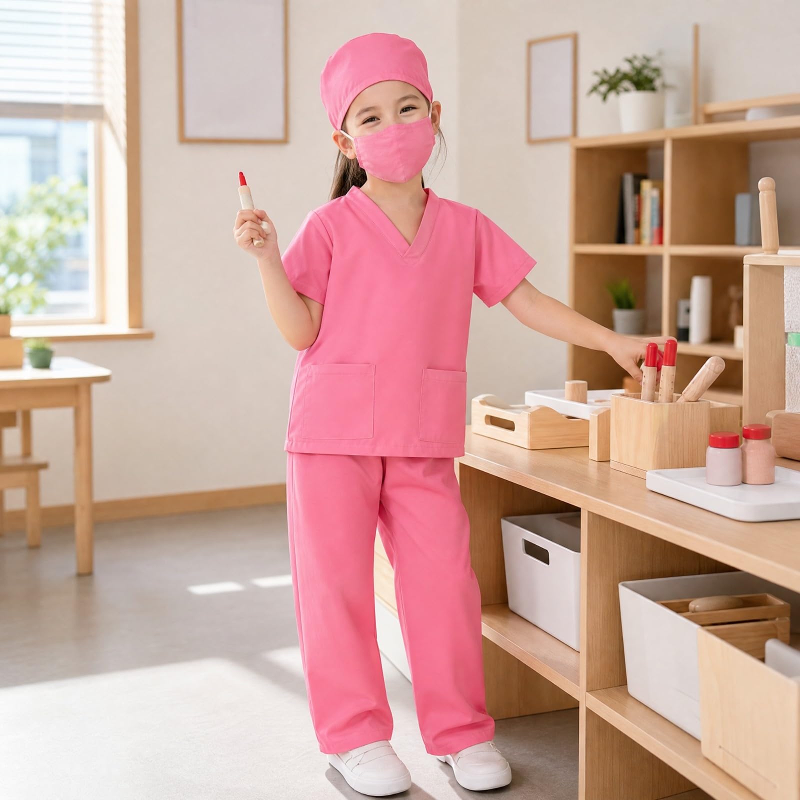 Kinder-Arztkostüm aus Polyester weich verarbeitet OP-Kostüm mit Hose und Kappe bequem Kinderarzt-Outfit-Set für Rollenspiel, Schultheater, Fasching, Rosa, 110CM