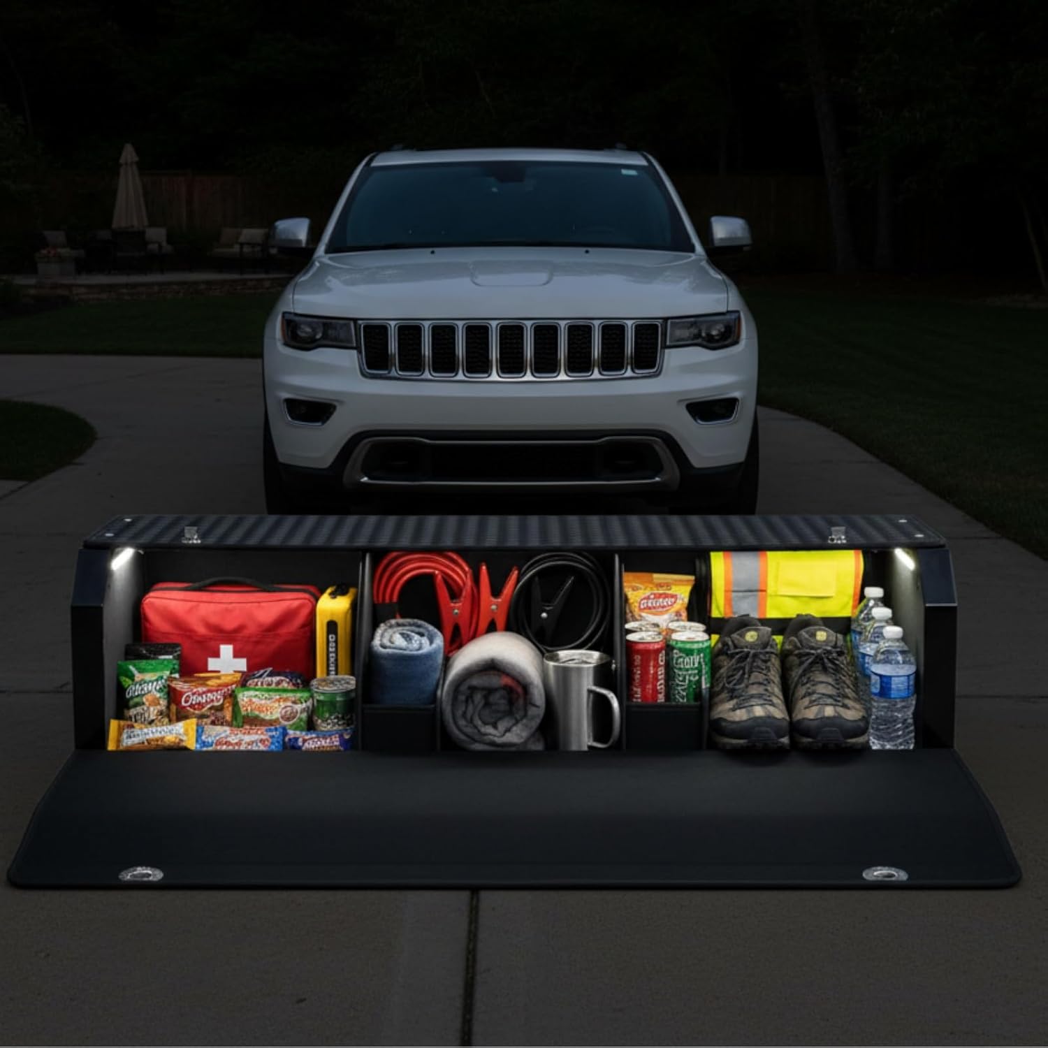 SUV Trunk Organizers and Storage with Light, Waterproof Car Storage Organizer with Lid & Sturdy Handle, Car Storage Bins for Groceries Powered by 4 AA Batteries (Batteries Not Included) (40.5 inch)