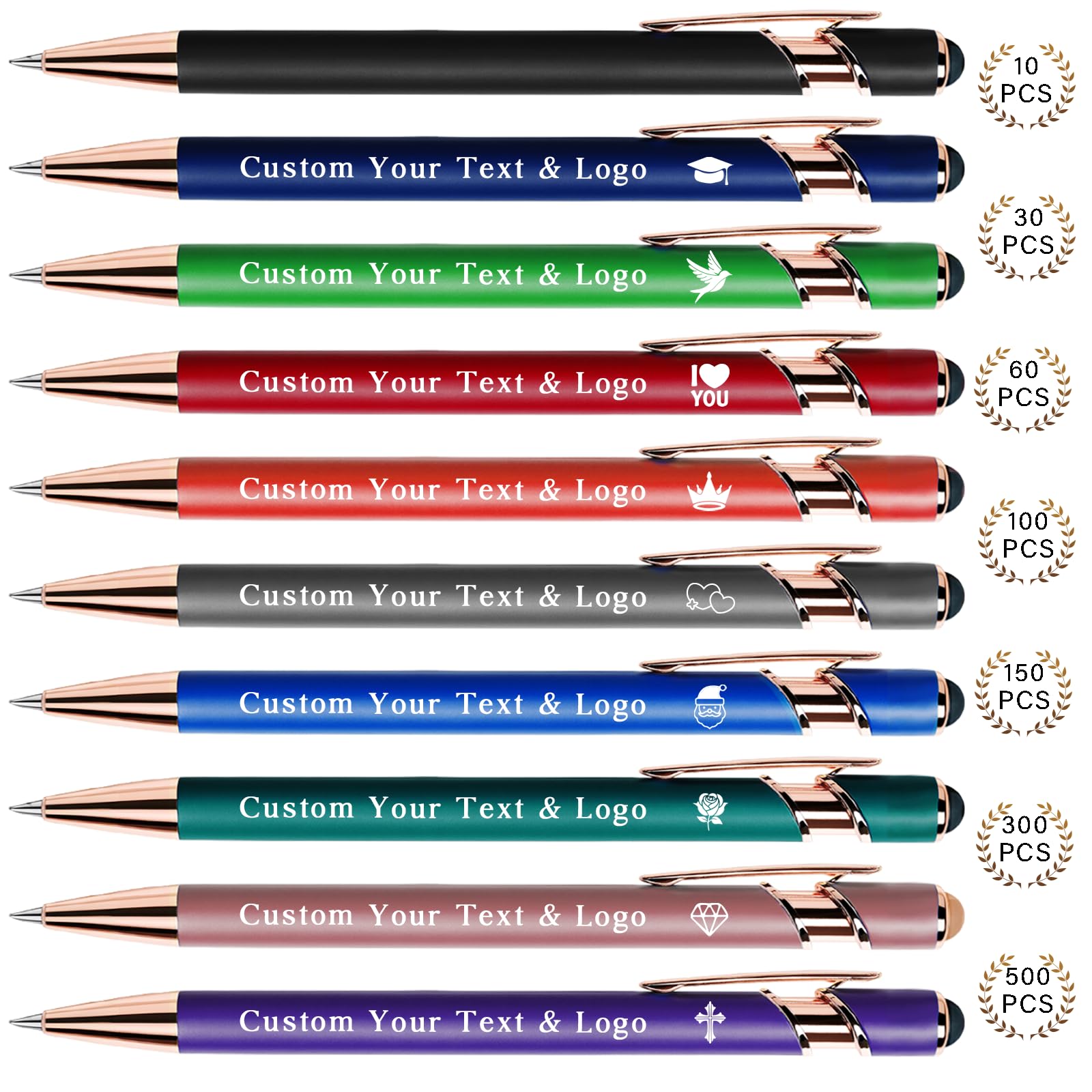 Bulk Custom Pens Personalized, Customized Pens with Name/Logo on Both Sides Gifts, Black Ink Engraved Ballpoint with Stylus, Ideal for Business, Birthday, Party, Wedding, School, Metal Material