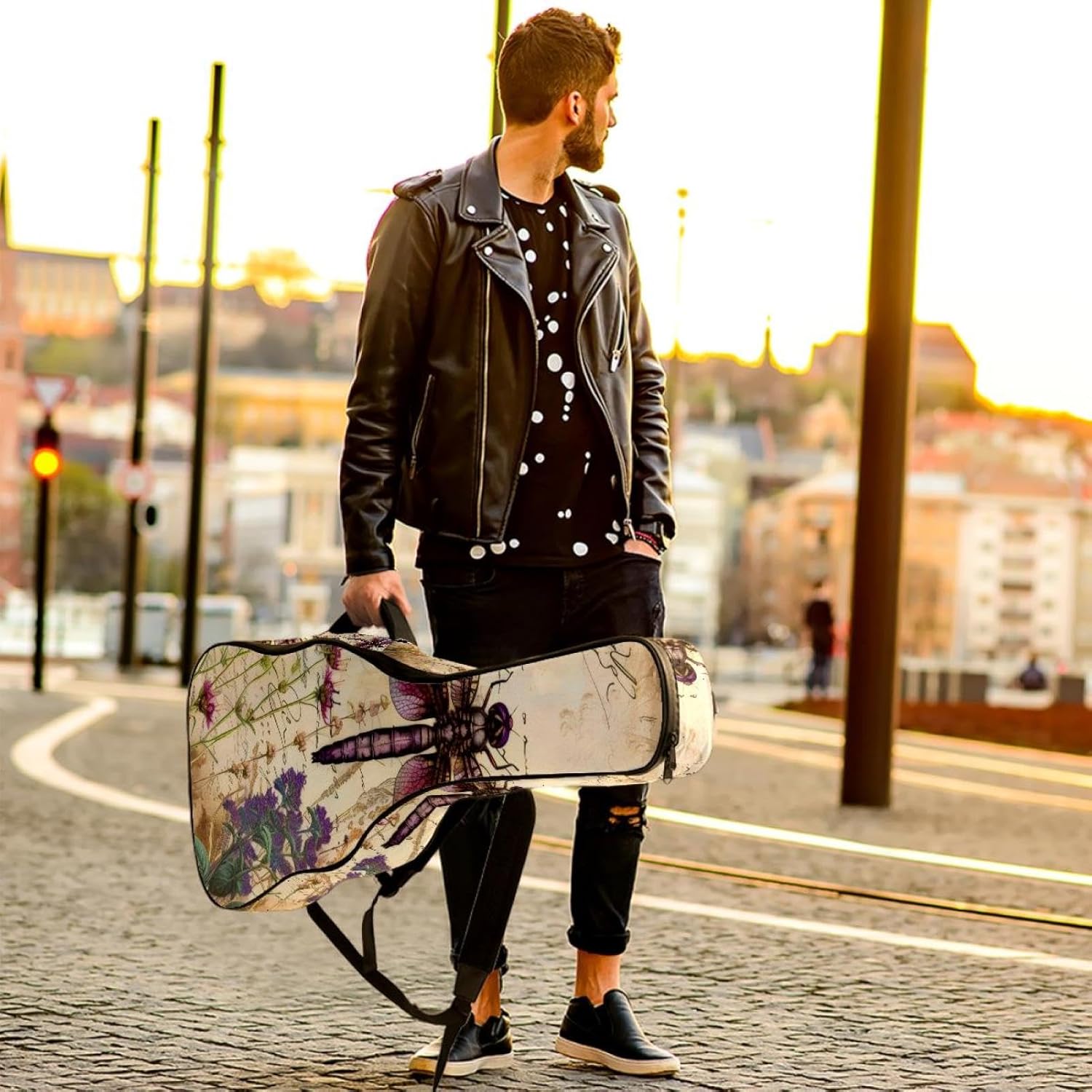 Acoustic Guitar Bag 0.4 Inch Thick Padding Waterproof Guitar Case Gig Bag for 40 41 42 Inch Electric Bass Classical Guitar, Purple Dragonfly Wildflowers Floral Herbs Antique Pattern