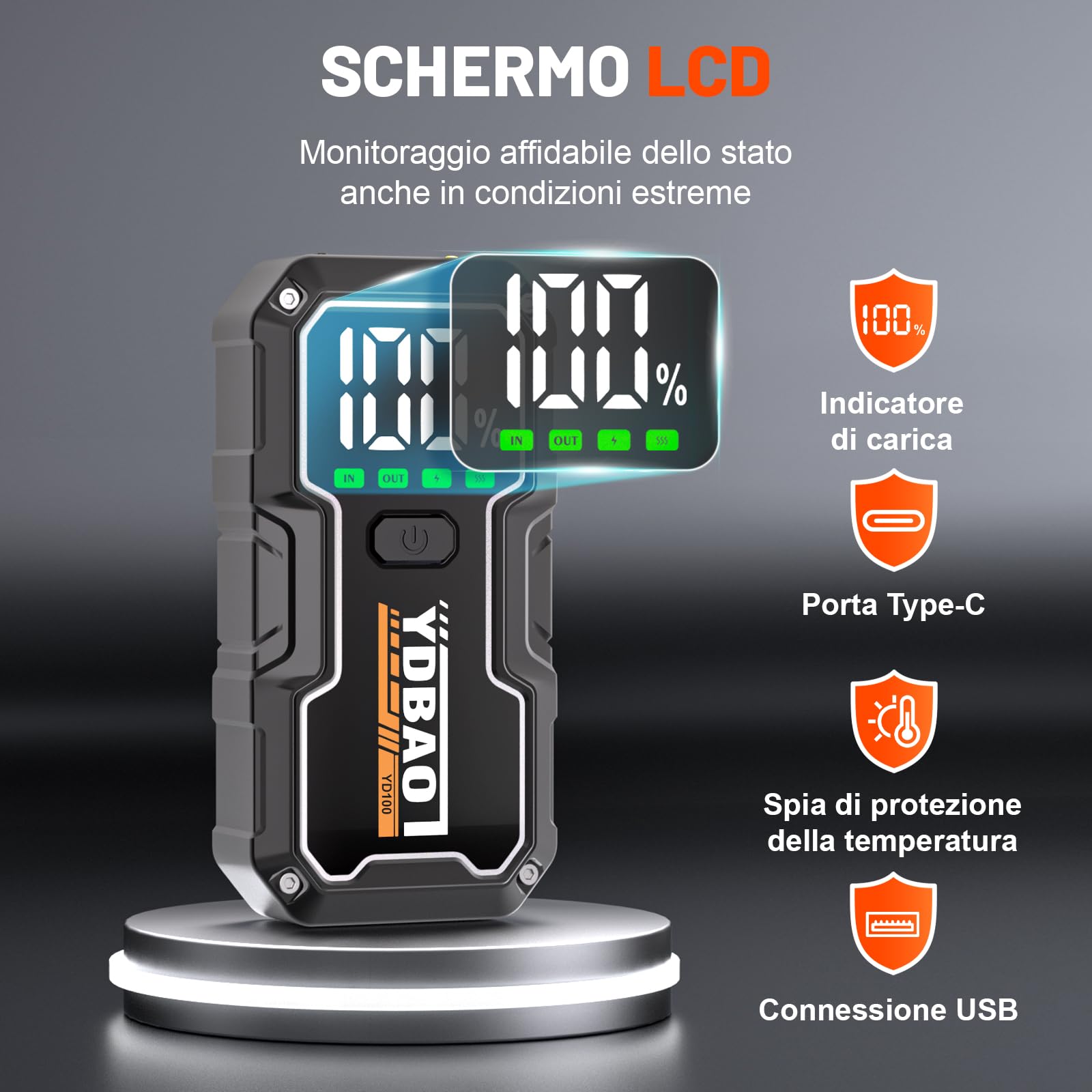 YDBAO Avviatore Batteria Auto 8000A Avviatore di Emergenza per Auto/Moto (Fino e 10.0L Diesel) 12V Booster Avviamento con Display LCD Jump Starter con Torcia a LED per Auto, Moto, Camion