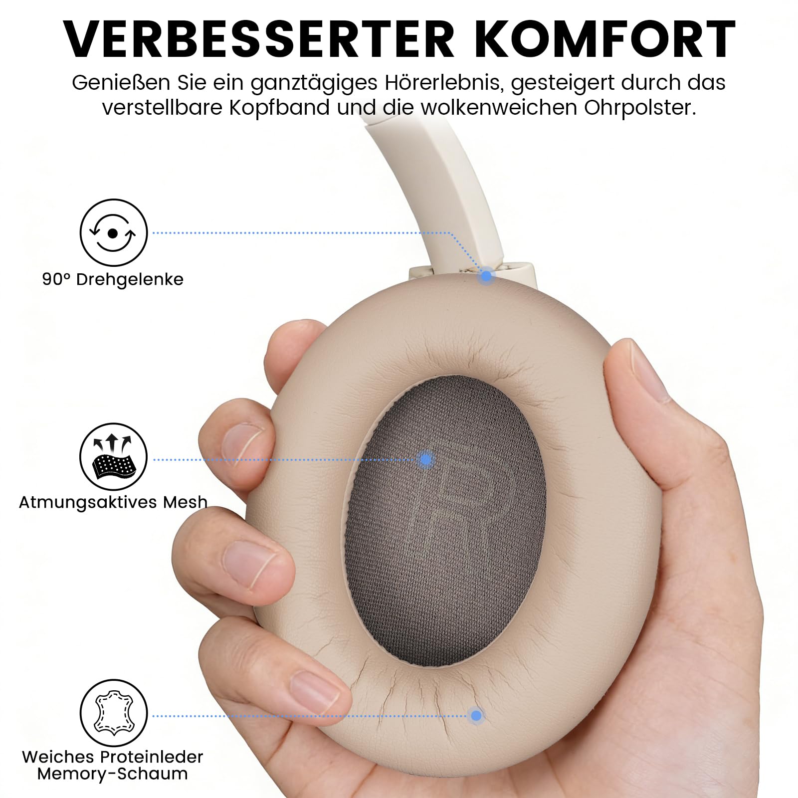 1Mii Y8+ Hybrid Active Noise Cancelling Kopfhoerer Over-Ear Bluetooth 6.0 Kopfhörer Kabellos mit 100h Spielzeit, Faltbar Bequemer, LDAC Hi-Res Audio, EQ via App, für Reisen und Flugzeug, Beige