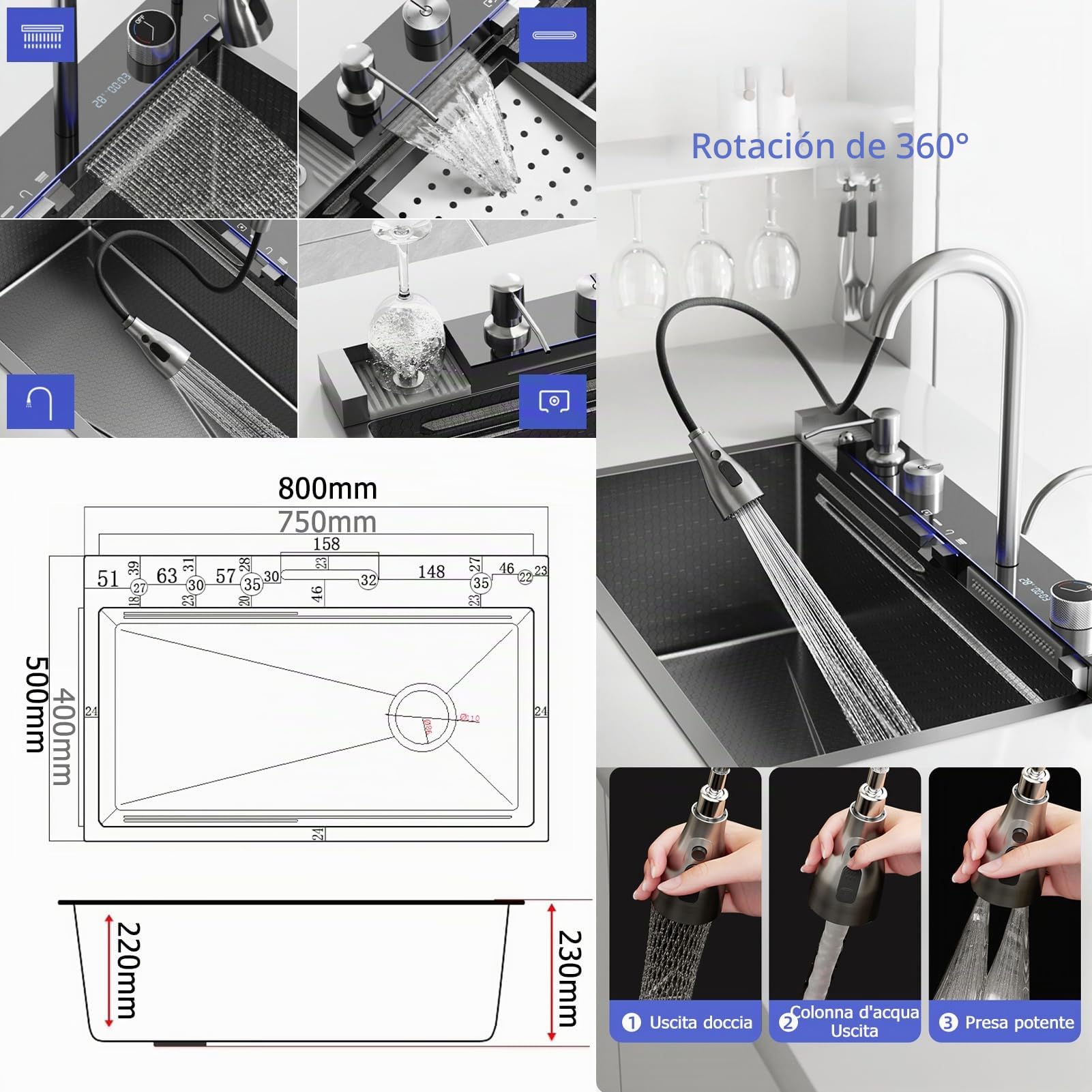 Fregadero de cocina de acero inoxidable multifunción de 80 x 50 cm – 2 cascada fregadero de agua, grifo extraíble, gran lavabo de cocina, con dispensador de jabón, con accesorios para
