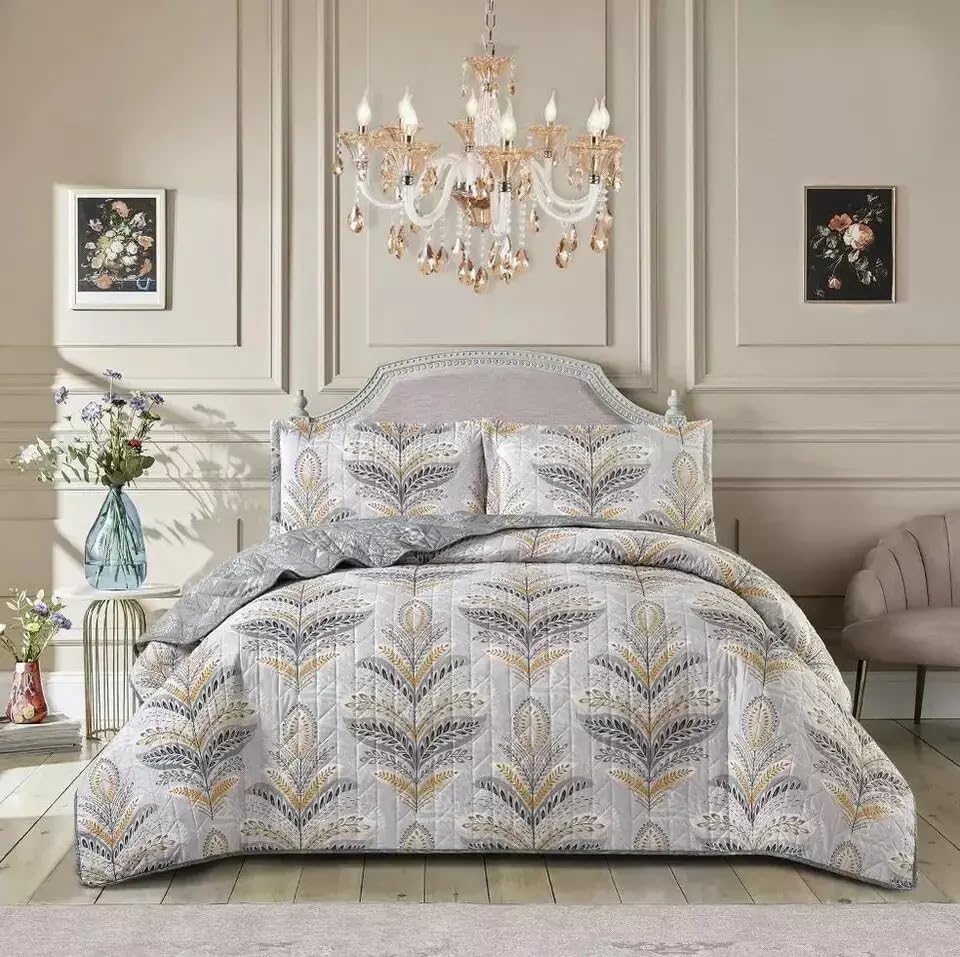 Online Bedding Quilted Patchwork Bedspread - Hypoallergenic, Machine Washable Duvet & Pillowcases Bedding Set (Jasmine Silver, Super King)