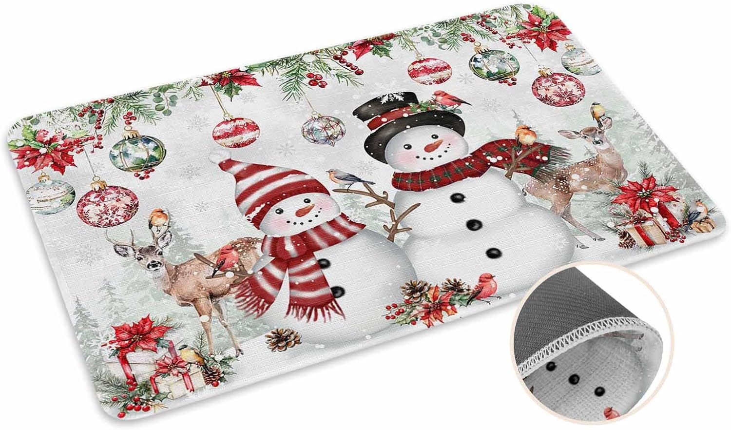 Christmas Door Mat Snowman Reindeer Doormat Christmas Balls Poinsettia Welcome Mat Non Slip Rubber Entryway Front Rug Floor Mat for Indoor Outdoor Kitchen Xmas Holiday Home Decor 18x30 Inch