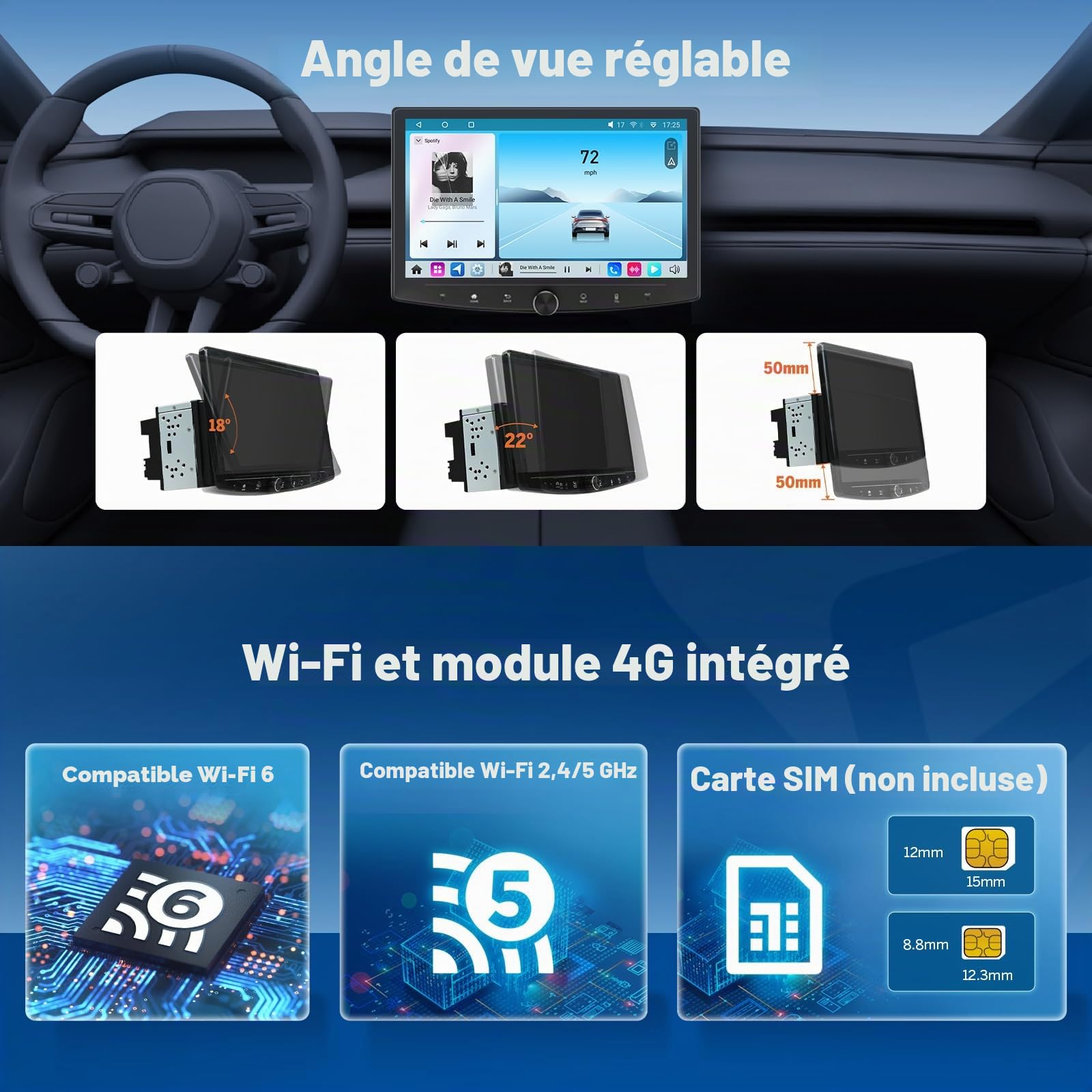 Eonon 10,1" Android 14 Radio Stéréo Double Din GPS 4G LTE CarPlay Android Auto MirrorLink Bluetooth DSP USB SWC Support Caméra de Recul Autoradio UX7SK-PLUS