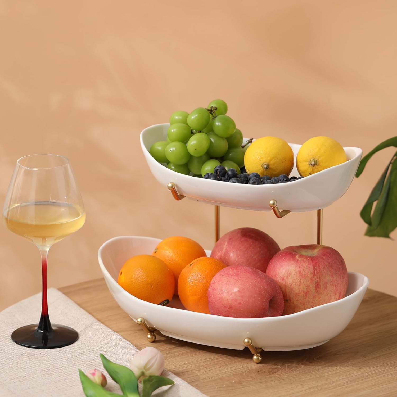 Large Size 2 Tier Ceramic Fruit Bowl,（13.4 and 11 inch Plate）More Storage Space, Golden Metal Stand for Kitchen Counter,Porcelain Fruit Basket for Countertop, Snack, Nuts, Cake, Dessert - White