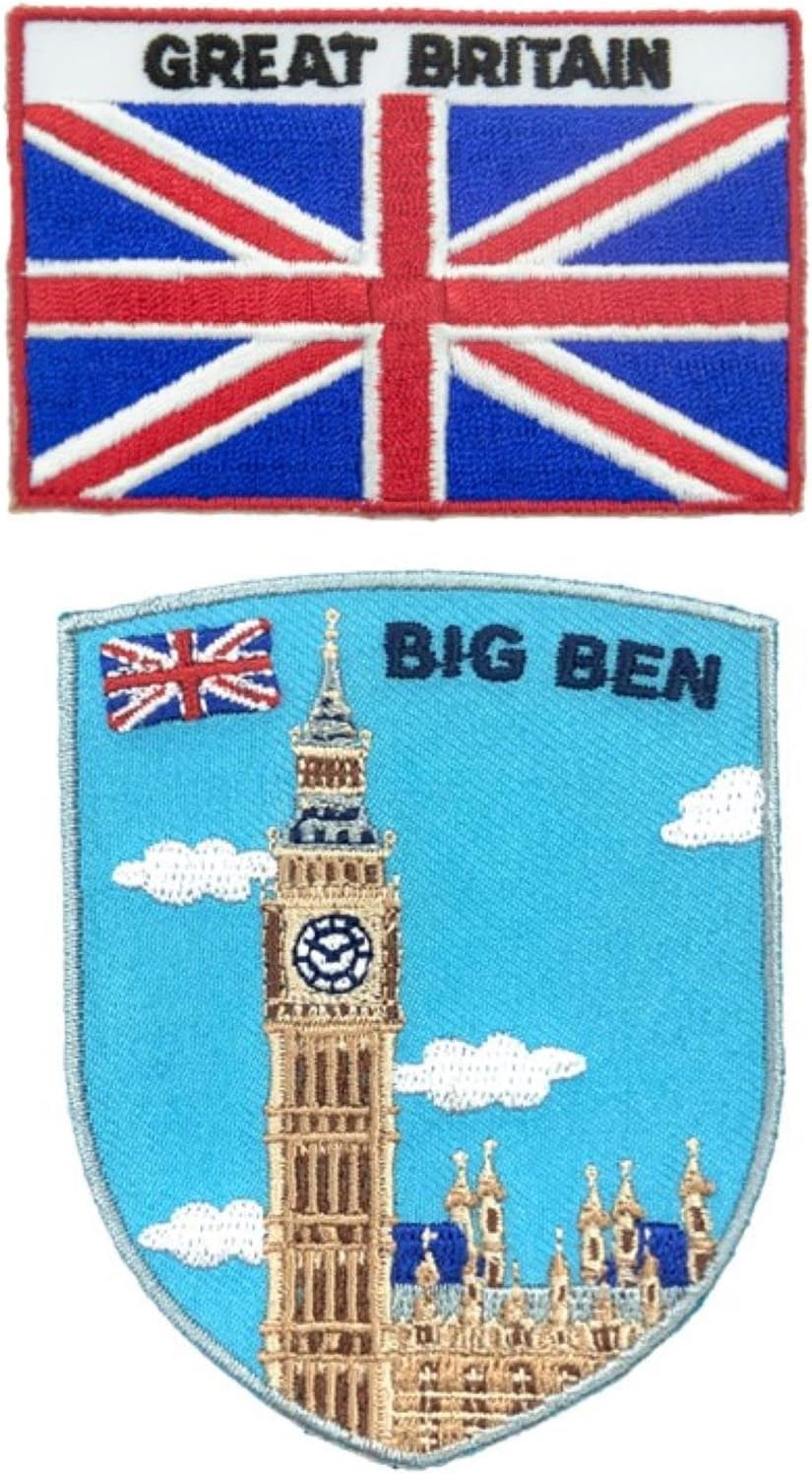 A-ONE 2 PCS Pack-London Big Ben Patch+England Flag Emblem, Tourist Spot Patch, Landmark Applique, Vintage Patch, Sew on Iron on Stick on Jeans Jackets Shirts, Adhesive Backing Patch NO.385C