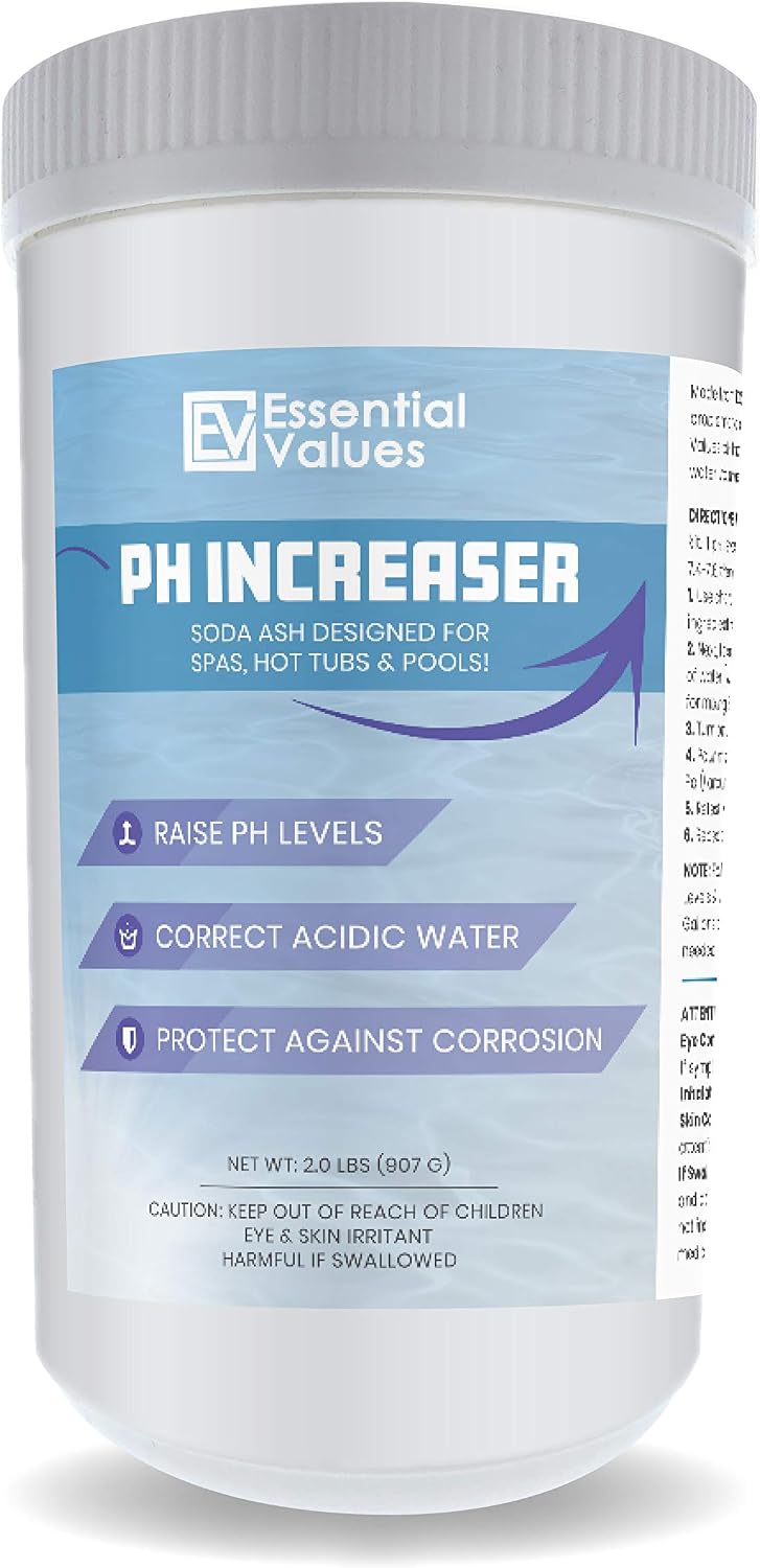 Essential Values 2 Pack PH Increaser (2 LBS per Bottle) - Soda Ash is Perfect for Balancing & Maintaining Hot Tubs, Spas, Pools - Fight Corrosion & Acidic Water Safely, Proudly Made in USA