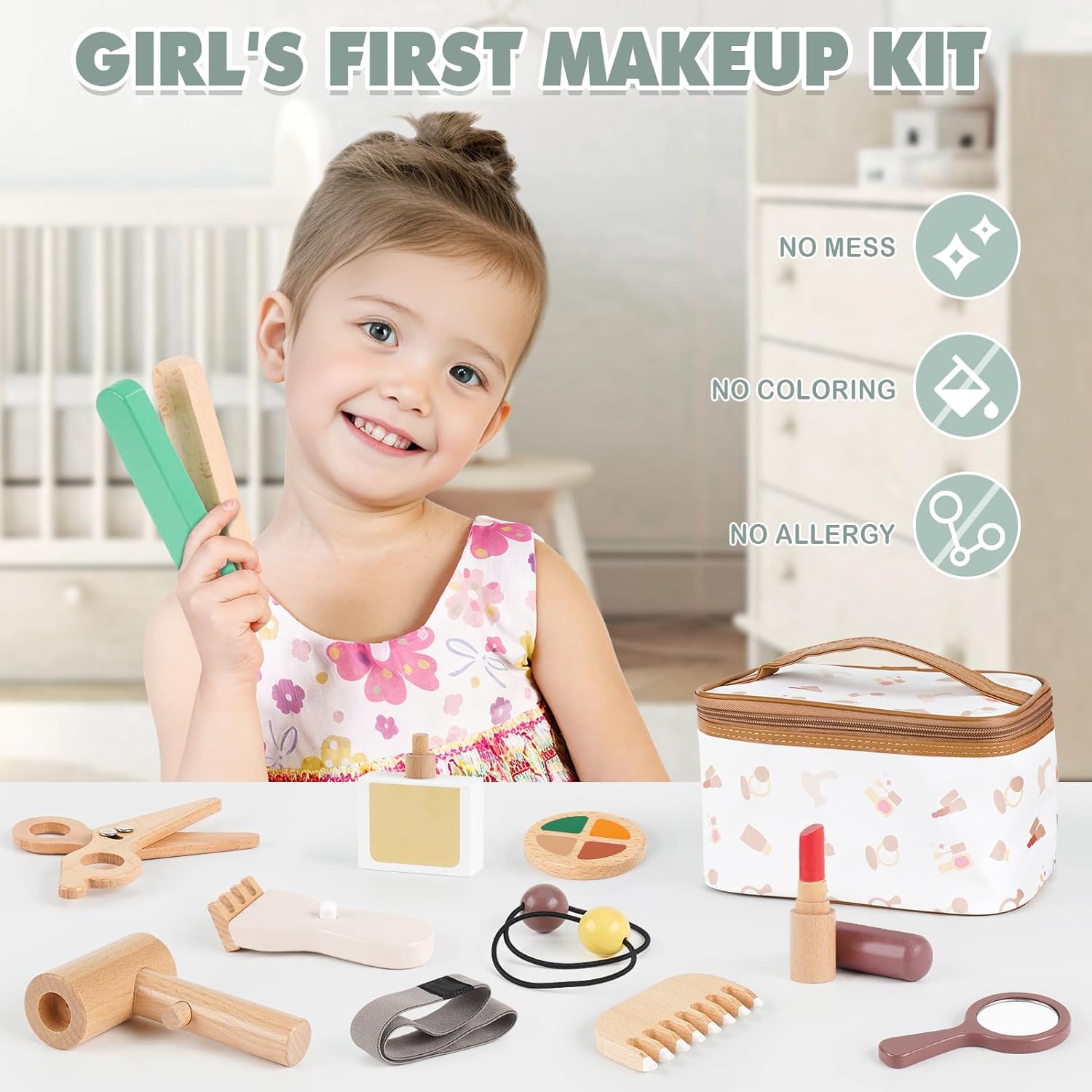 Vanplay Wooden Makeup Kit - Toys for 2 3 Year Old Girls Easter Birthday Gifts, Pretend Play Set for Toddler Girls 2-4, Beauty & Hair Salon Toys for Kids 3-5