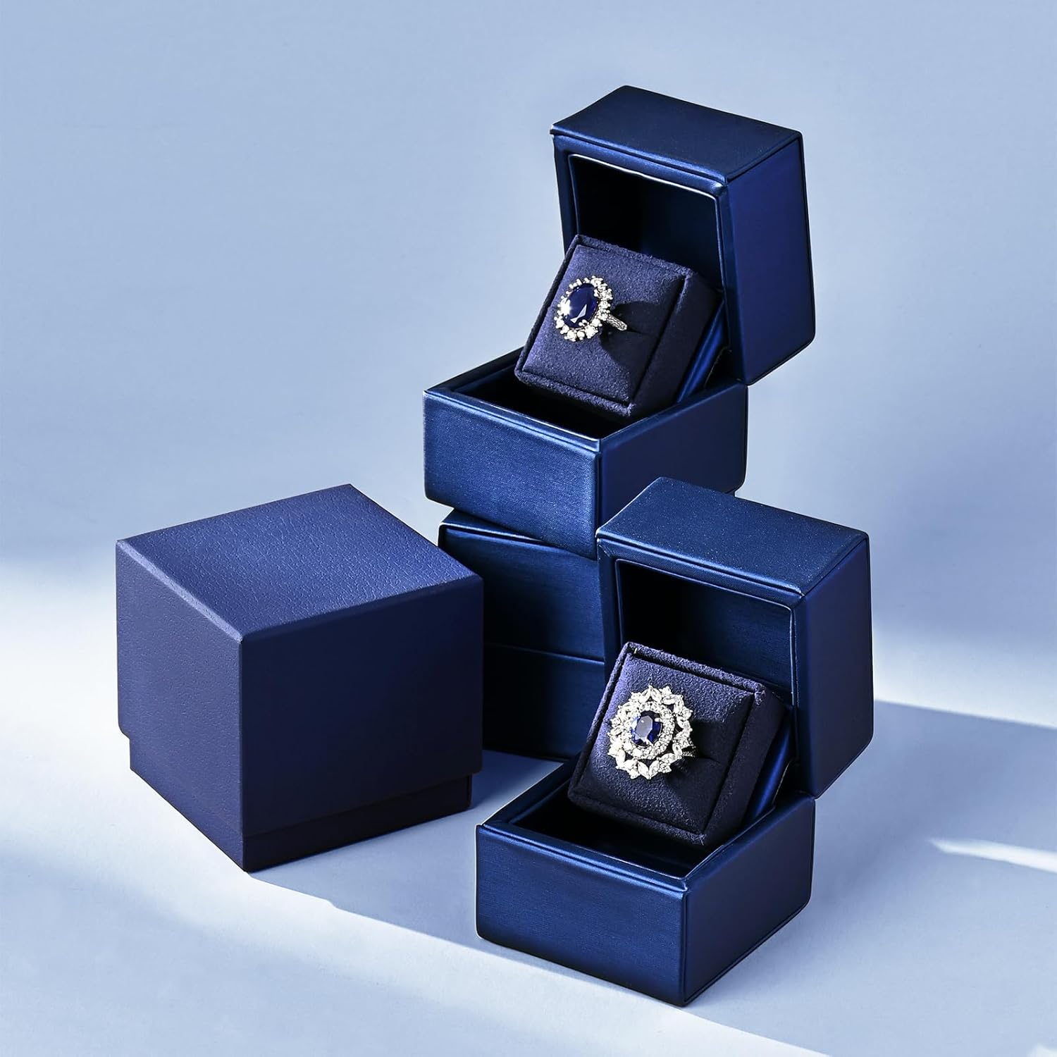 Oirlv Blue Leather Ring Box Engagement Proposal Ring Box Velvet Jewelry Case Small (Single Slot)