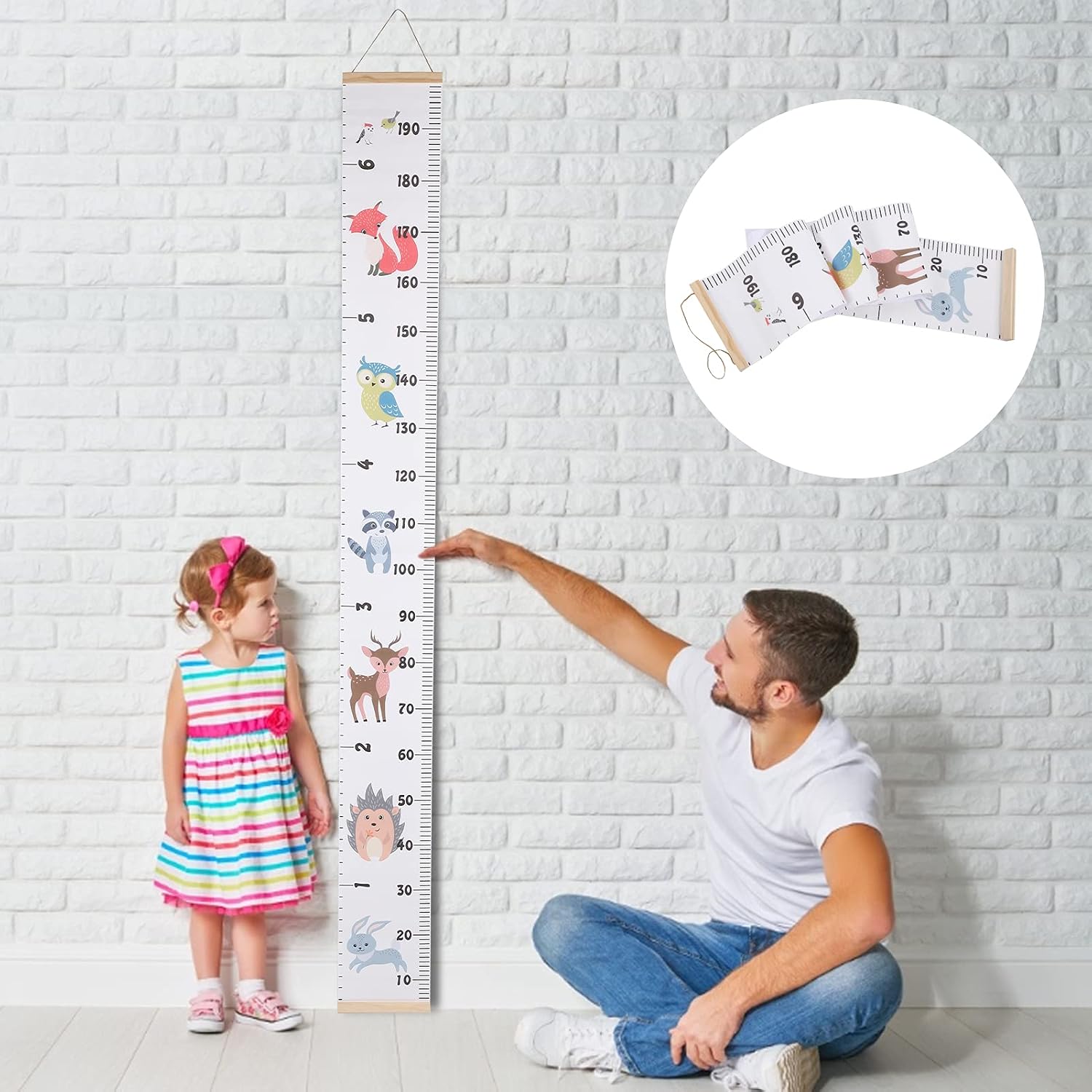 Kids Growth Chart, Cute Animal Patterns Easy to Install Growth Tracker Non-Toxic Wood Frame Cloth 77 inches for Kids Bedroom Nursery Playroom Home Decor