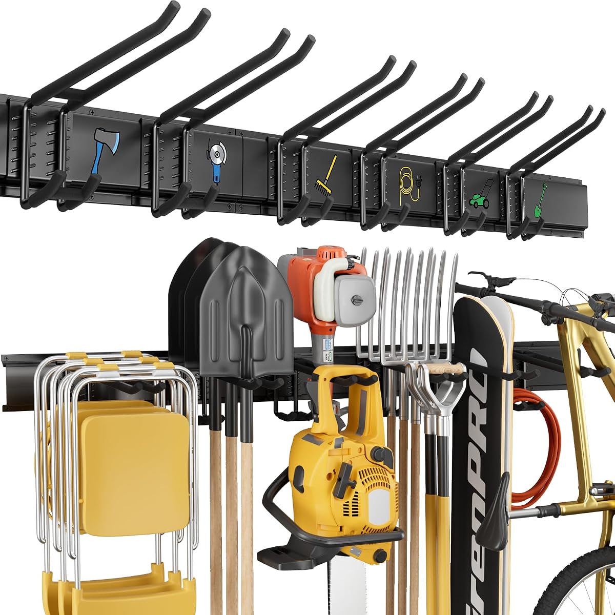 GRENPRO 49.5 Inch Garage Tool Organizer, 6 Double-layer Hooks, Holds 440lbs | 440 LBS heavy duty rack for shovels, rakes, ladders & power tools, ideal for garages and sheds