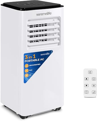SereneLife 8000 BTU Portable Air Conditioner, 3-in-1 Compact Standing Air Conditioner for Room Up to 350 Sq. Ft., Floor AC Unit with LCD Remote Control, Auto Mode, Low Noise with Wrapped Compressor