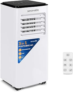 SereneLife 8000 BTU Portable Air Conditioner, 3-in-1 Compact Standing Air Conditioner for Room Up to 350 Sq. Ft., Floor AC Unit with LCD Remote Control, Auto Mode, Low Noise with Wrapped Compressor