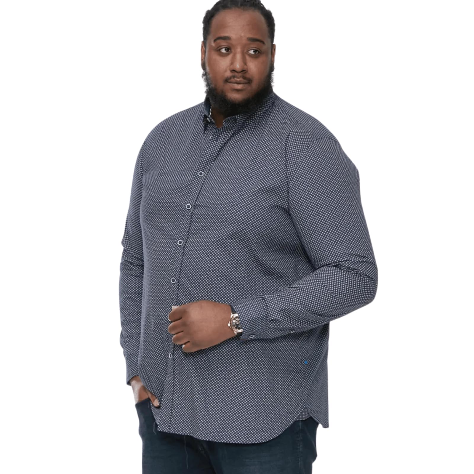 D555 Men's Navy Long Sleeve Shirt For With Micro Print And Button Down Collar In 5XL
