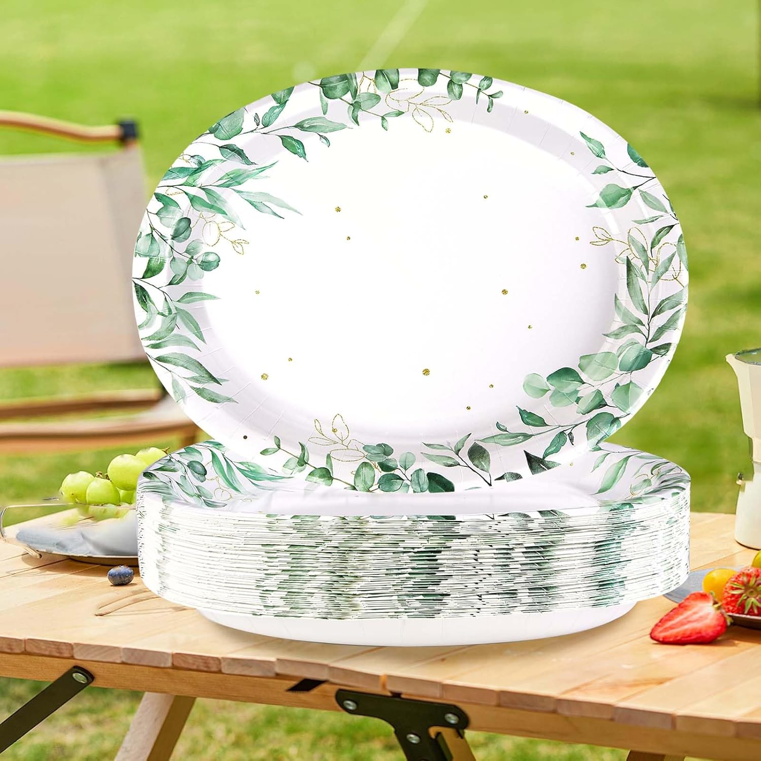 50Pcs Sage Green Oval Paper Plates 10" x 12" Large Disposable Heavy Duty Watercolor Eucalyptus Paper Platters Sage Floral Green Leaves Dessert Plates for Baby Shower Picnic Wedding Dinner Supplies