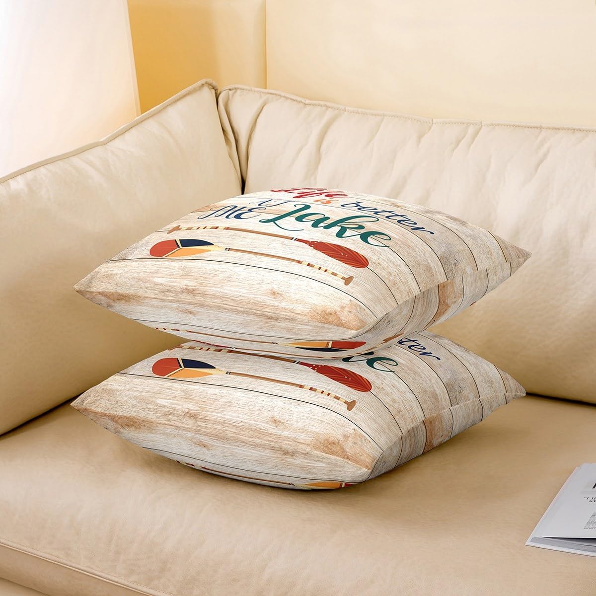 Erosebridal Life is Better at The Lake Square Pillow Cases,Retro Wooden Lake House Throw Pillow Covers 24x24 inch Set of 2,Lake Paddle Pillow Covers,Farmhouse Camping Cushion Cases for Sofa Bed Couch