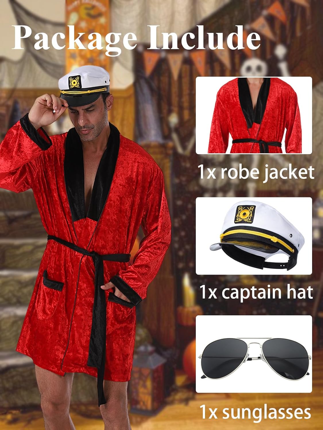 Halloween Men's Red Velvet Robe Smoking Jacket, Adult Halloween Costumes with Belt Captain Hat - Image 5