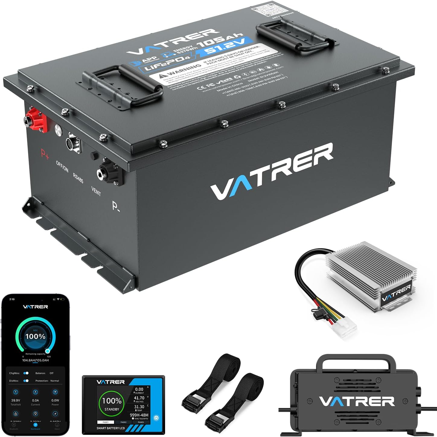 48V 105Ah Lithium Golf Cart Battery, Complete Upgrade Kit with Charger, LCD Display, Voltage Reducer, Retention Strap, Built-in 200A BMS, Max 10.24kW Power Output, Perfect for Golf Carts