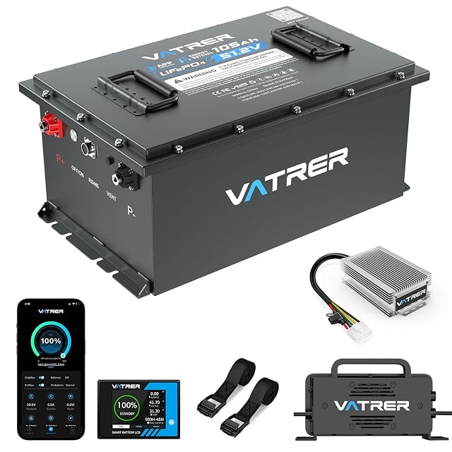 48V 105Ah Lithium Golf Cart Battery Complete Upgrade Kit with Charger LCD Display Voltage Reducer Retention Strap Built-in