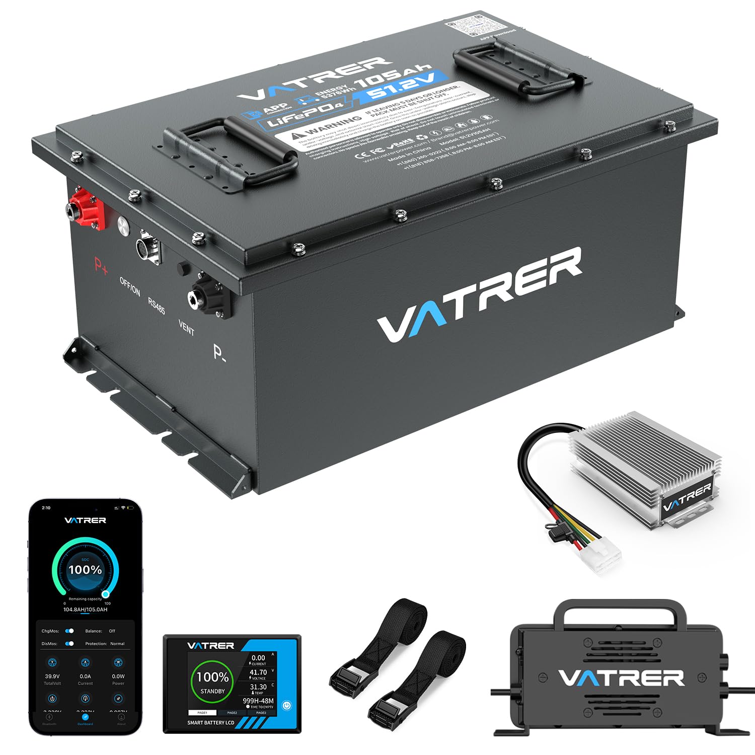 48V 105Ah Lithium Golf Cart Battery Complete Upgrade Kit with Charger LCD Display Voltage Reducer Retention Strap Built-in