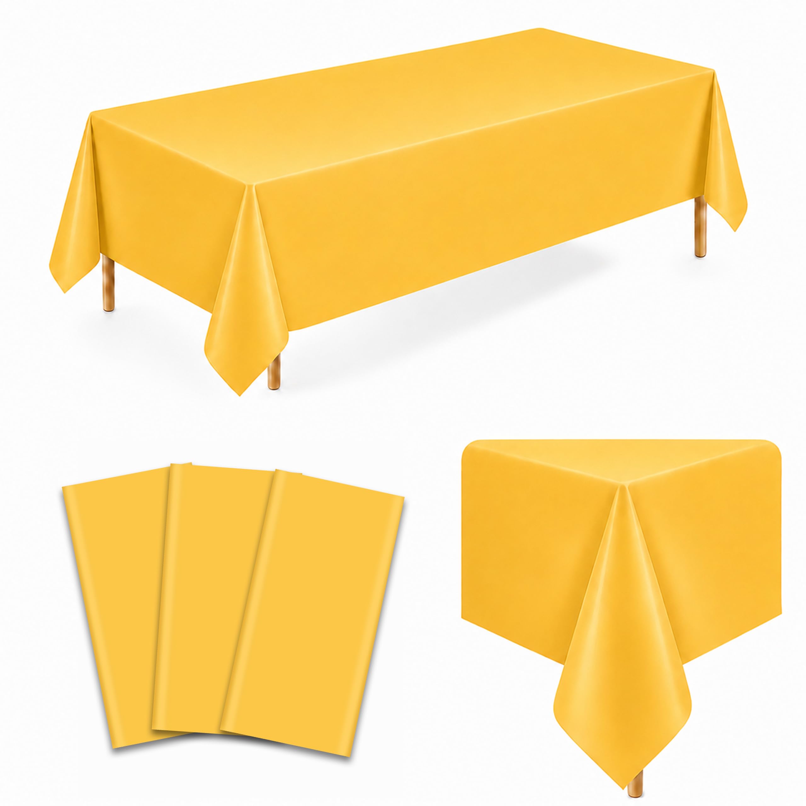 3 Pack Dark Yellow Plastic Tablecloths, 54 x 108 Inch Disposable Covers