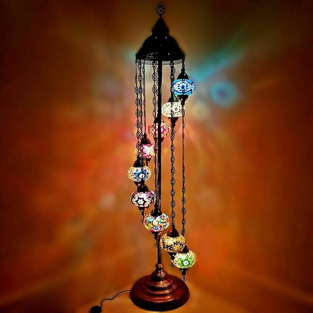 World Home Living 9 Globes Turkish Moroccan Colorful Mosaic Floor Lamp Light, Bohemian Boho Tiffany Mosaic Floor Lamp, (Mix - Large)