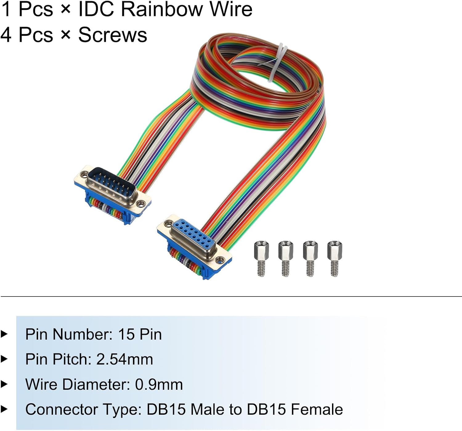 MECCANIXITY IDC Rainbow Wire Flat Ribbon Cable DB15 Male to DB15 Female 39.4 Inch Length 2.54mm Pitch Breadboard Jumper Wires for Electronic Projects