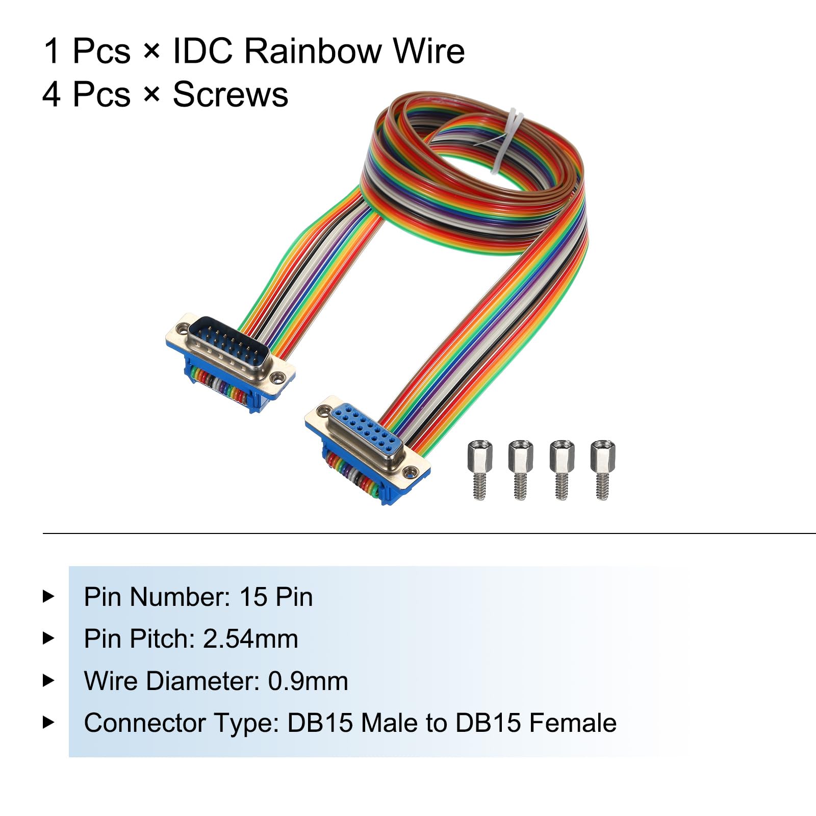 Câble Ruban Plat DB15 M/M 15 Broches - Pas 2.54mm, Longueur 50cm, Couleur Arc-en-ciel, Avec Vis Câble Ruban Plat DB15 M/M 15 Broches - Pas 2.54mm, Longueur 50cm, Couleur Arc-en-ciel, Avec Vis