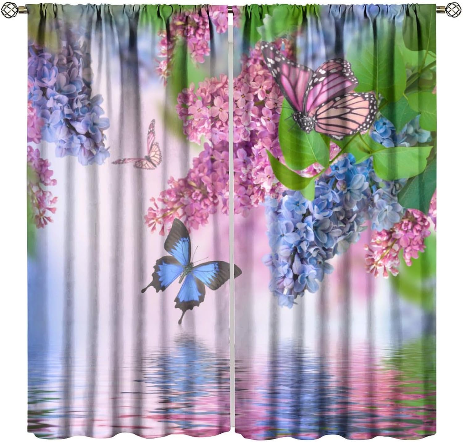 Butterfly Blackout Curtains Spring Pink Blue Flowers Colorful Butterfly Nature Scenery Girls Women Bedroom Living Room Kitchen Rod Pocket Decoration Window Drapes 2 Panels W21xL54in