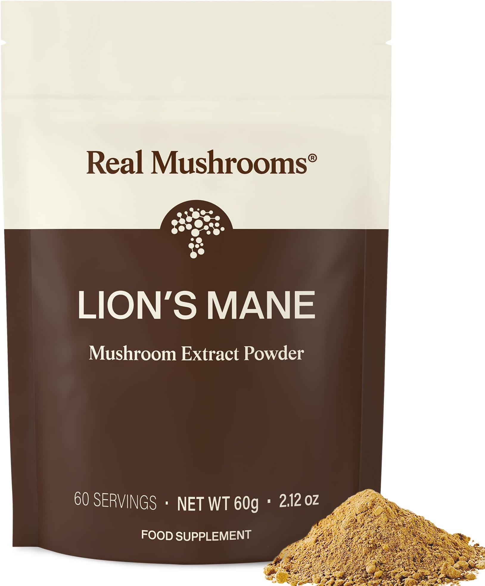 Real Mushrooms Lion’s Mane Powder - Organic Lions Mane Mushroom Extract for Cognitive Function & Immune Support - Brain Supplements for Memory and Focus - Vegan Mushroom Supplement, 60 Servings
