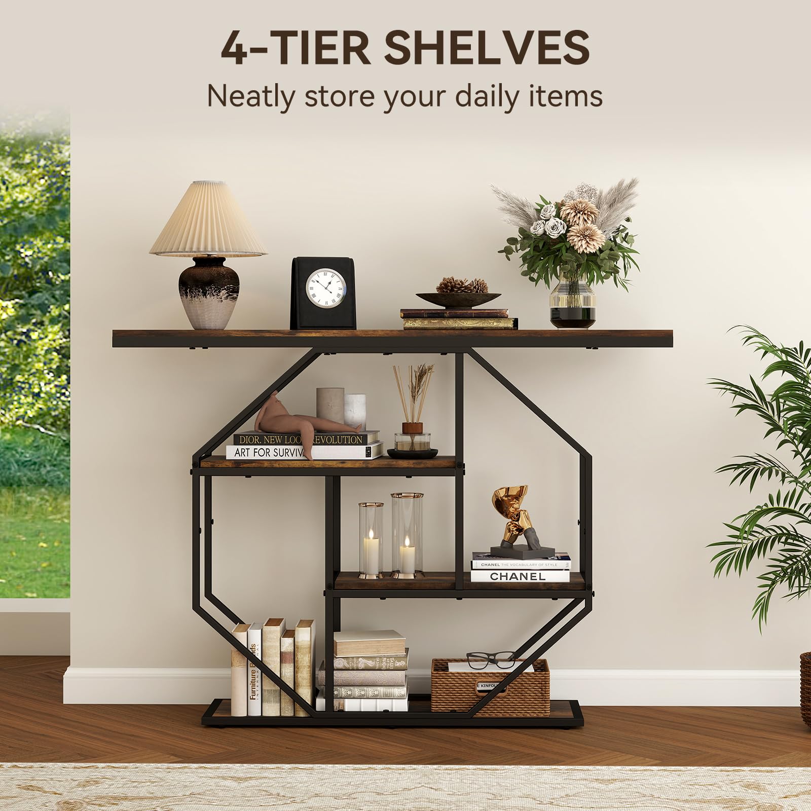 YU YUSING Consola Entrada Estilo Industrial, Mueble Recibidor Estrecho | 105 x 30 x 85 cm, con 4 niveles, Mesa Auxiliar Sofa con Patas Ajustables, Estructura Metálica Octogonal Estable, Marrón