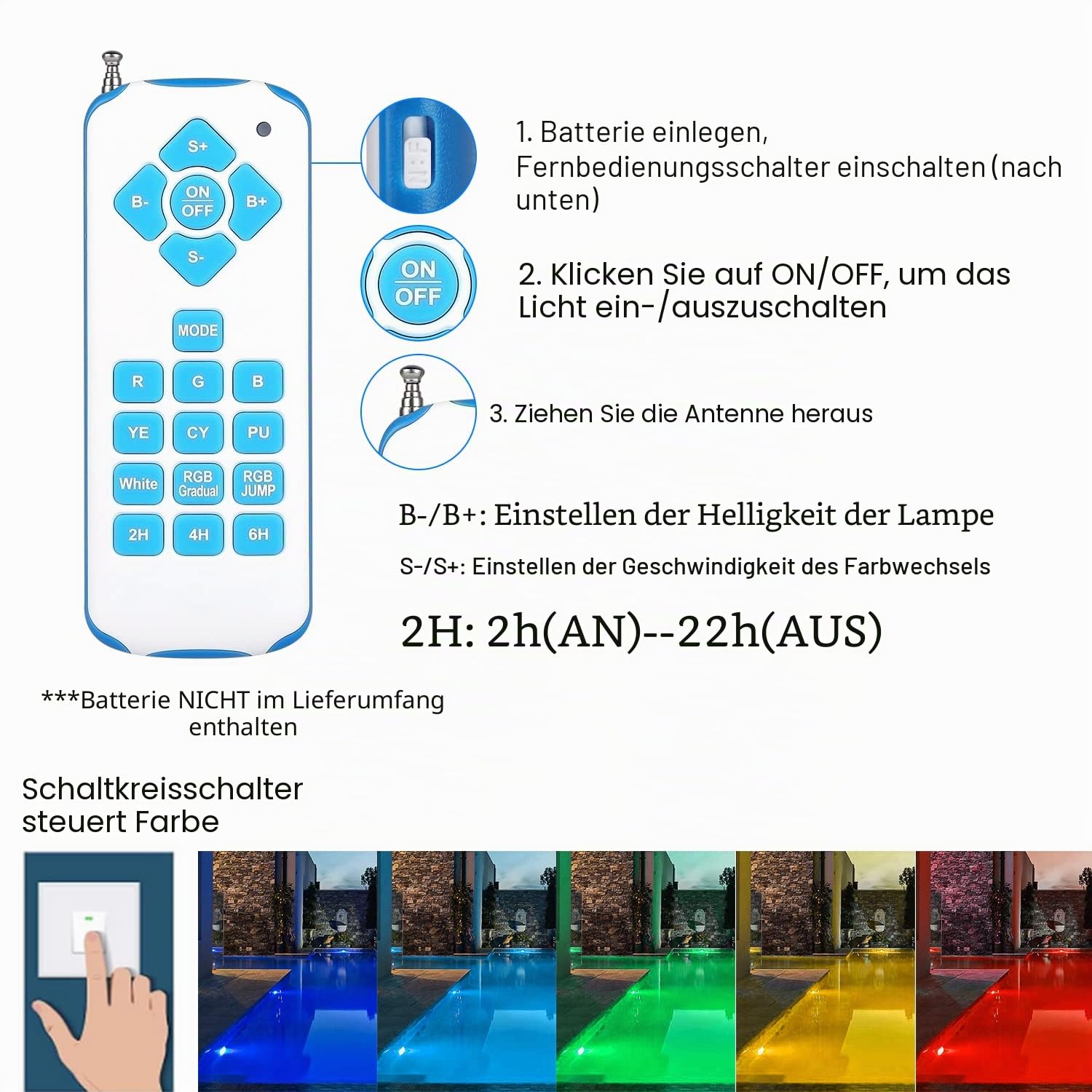 36W RGB Poolbeleuchtung, Par56 Pooscheinwerfer Timing 2/4/6H mit Fernbedienung, LED Pool Lamp IP68 Waterproof, 12V AC/DC | Waterproof LED Pool Lamp mit Fernbedienung,12V AC/DC