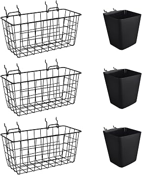 Pegboard Basket Organizer Set, 6 Pack Peg Board Baskets & Bin Cups Black | 1/4" 1/8" Pegboard Organizer Accessories, Large Baskets Bins Cups for Garage Craft Office Wall Storage Display Organization