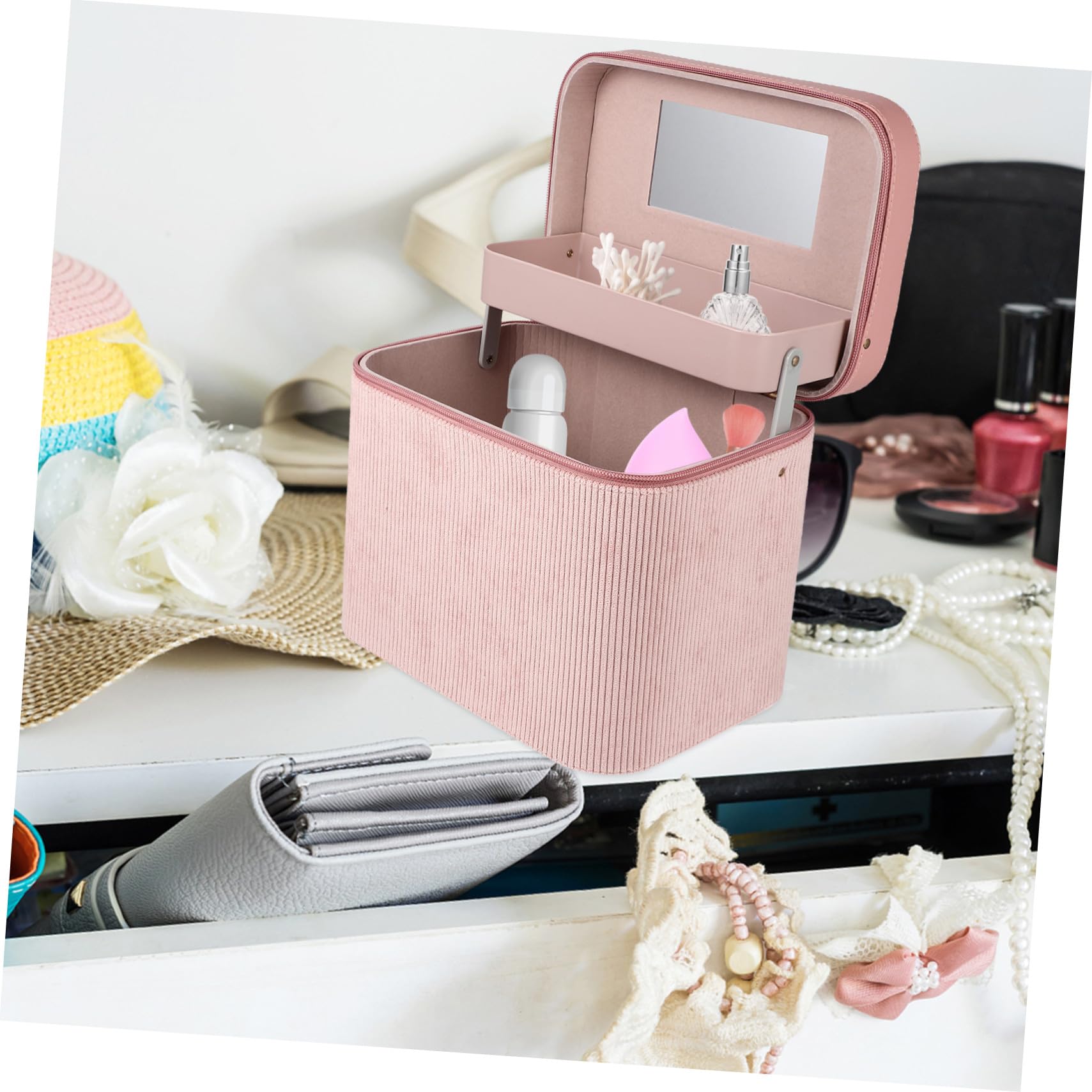Mikikit Estuche de Maquillaje de Doble Capa con Espejo Organizador de Cosméticos Portátil para Mujer para Viajes y Cuidado Personal