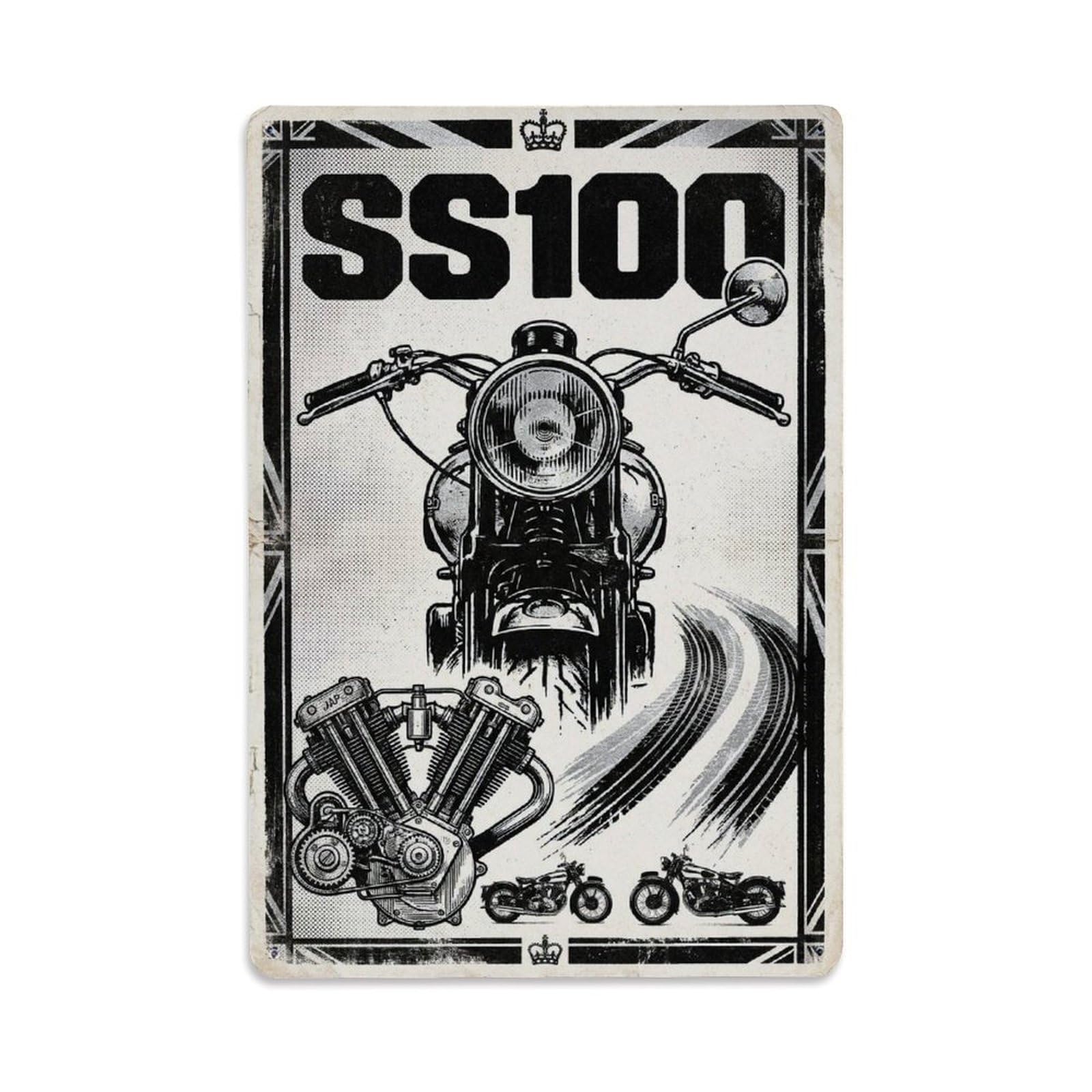 SS100 Classic Motorcycle Vintage Racing Heritage Culture Metal Tin Sign Plaque Wall Decor for Cafe, Man Cave, Club Bar, Office, Home Garden Round Metal Poster 8x12Inch