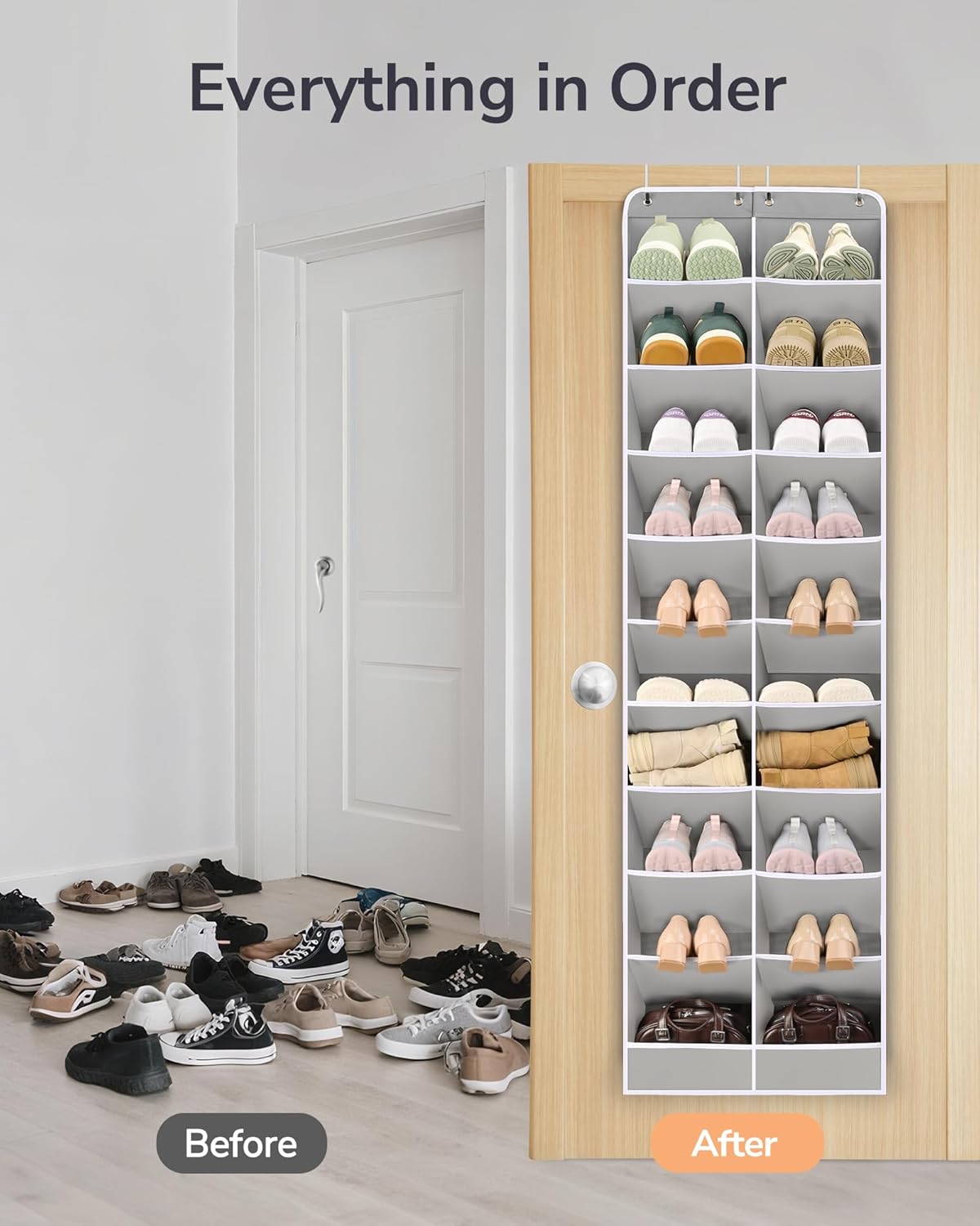 ULG Over The Door Shoe Organizer for Closet Fit 24-32 Pairs with Large Deep Pockets, Narrow Shoe Rack for Door Hanging Boots Storage, Black