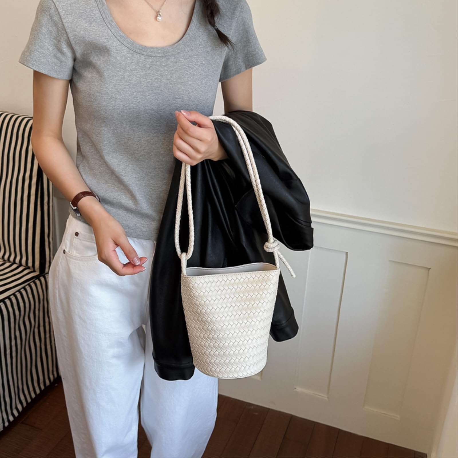Borsa Tracolla Moda Tessuto Secchio Donne Pu Cuoio Cesto Borse A Spalla Singola Portatile della Signora-Green