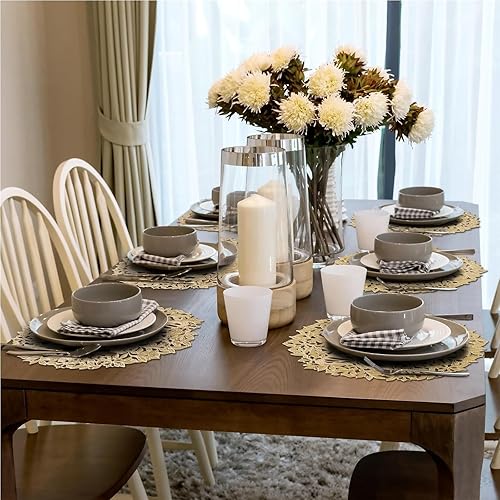 Miniatura 6 de Juego de 6 manteles individuales redondos de PVC con diseño de flores, manteles individuales huecos para mesa de comedor, manteles individuales