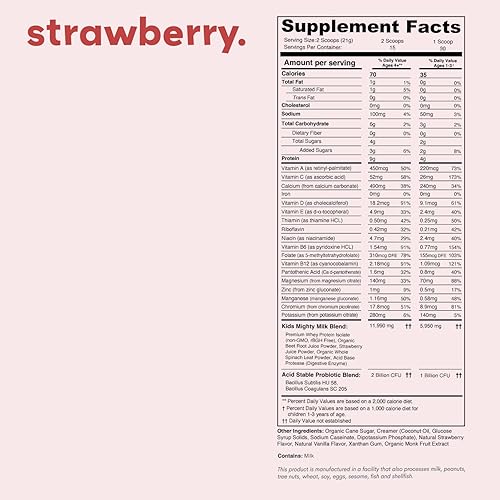 Miniatura 4 de Mighty Strawberry Milk - Proteína diaria todo en uno para niños en polvo y multivitamínico potenciado con 2 mil millones de probióticos y espinacas