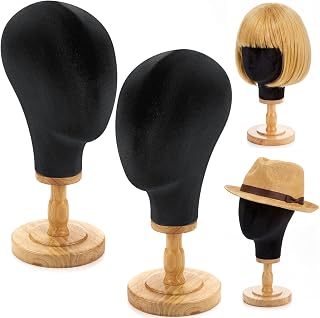 RattanView 2 Pcs 23 Inch Mannequin Wig Head, Linen Wig Head Stand, Black | with Wooden Base, Canvas Wigs Display Stand for Hats Caps Headdress, Ideal for Home Boutique Photography Cosplay Hair Salon