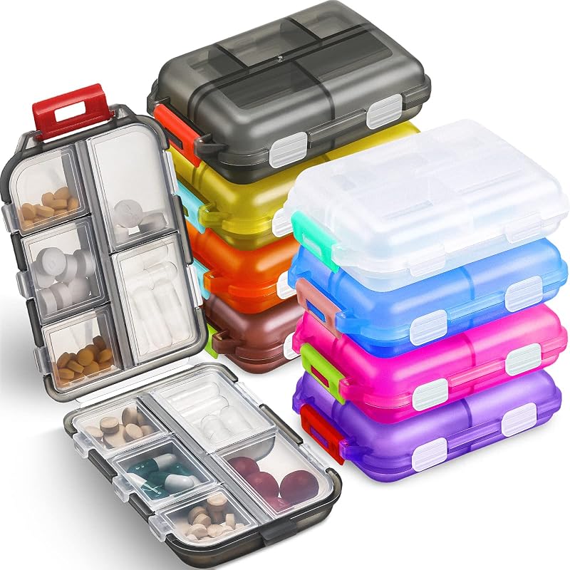 Meekoo 8 Pcs Travel Pill Organizer Pocket Portable Pill Case Daily Container Small Container Medicine Travel with 10 Compartments for Purse Fish Oil Medicine(Multicolor)