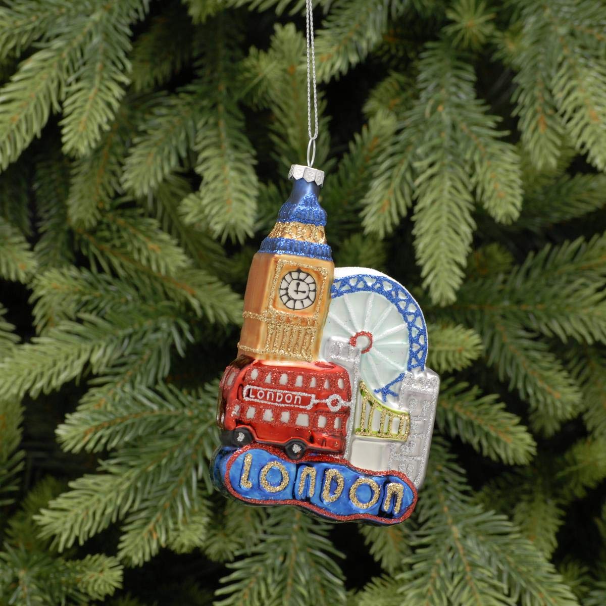 Festive Gold, Silver Glass London Scene Christmas Tree Decoration Tree Ornament