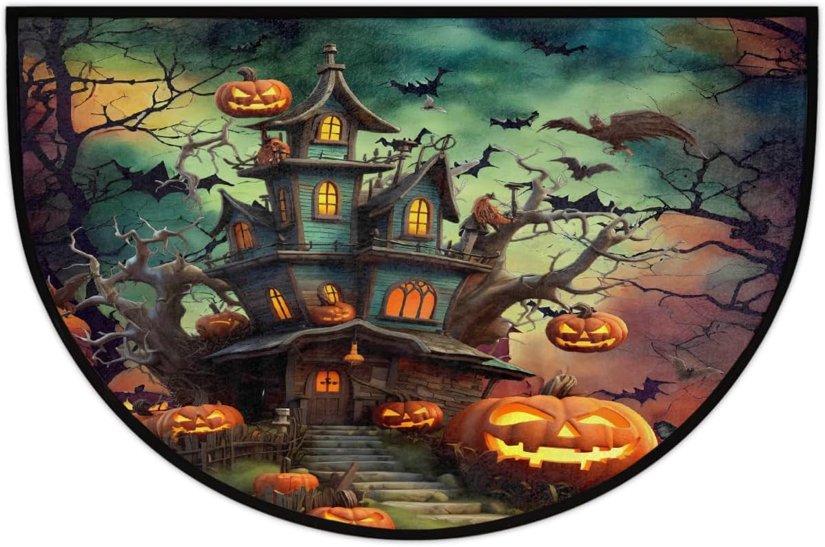 Half Round Door Mat Halloween Pumpkin Cat Black Half Moon Rug Washable Half Circle Area Rugs Indoor Entrance Non Slip Semi Circle Bathroom Rugs Floor Carpet for Kithen Bedroom Decorate Gift