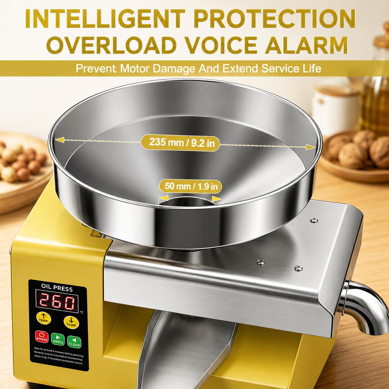 Maszyna do tłoczenia oleju 1500 W, ekstraktor na zimno ze stali nierdzewnej z pojemnikiem 235 mm, wydajność 5-9 kg/h do oliwek, orzeszków ziemnych, kokosów, sezamu