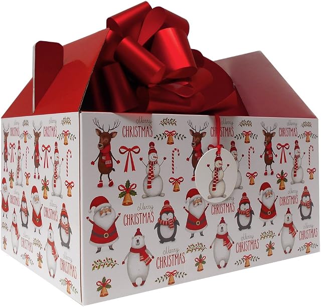 SANTA SNOWMAN REINDEER CHRISTMAS GIANT GABLE BOX GIFT HAMPER KIT - Cardboard Xmas Gift Hamper Box with Tissue, Bow and Gift Tag