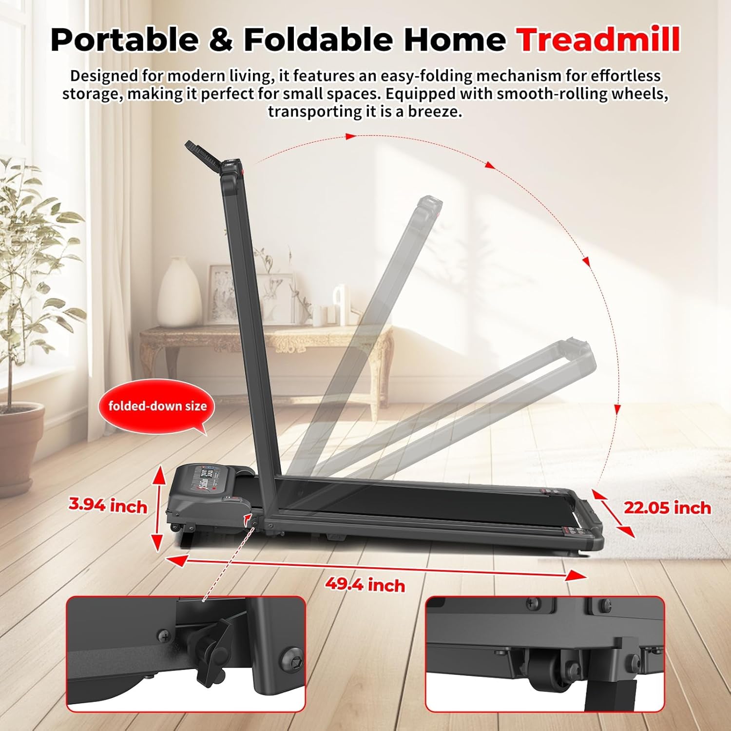 Diagram illustrating the folding mechanism of the SubSun treadmill, showing its transition from upright to a compact folded-down size of 49.4 x 22.05 x 3.94 inches, and close-ups of the transport wheels.