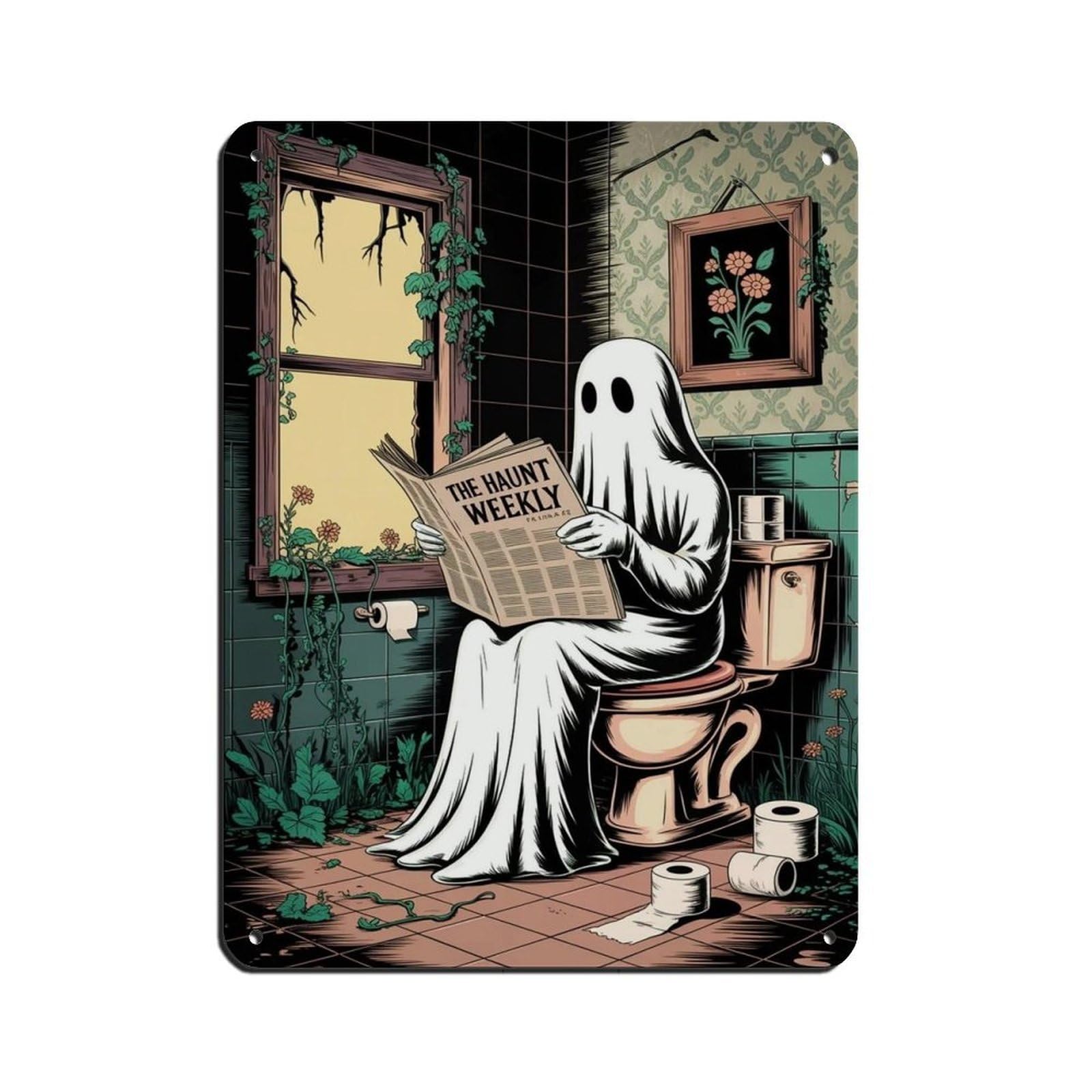 Ghost Reading A Newspaper on Toilet Poster (6) Retro Poster Metal Tin Sign Chic Art Retro Iron Painting Bar People Cave Cafe Family Garage Poster Wall Decoration 12x16inch(30x40cm)